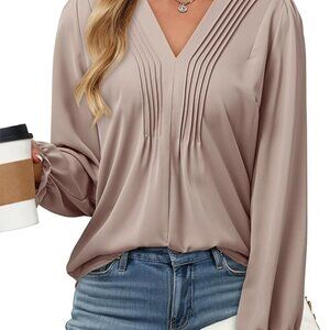 Womens Tops Casual Pleated V Neck Puff Long Sleeve T Shirts Loose Tunic Business